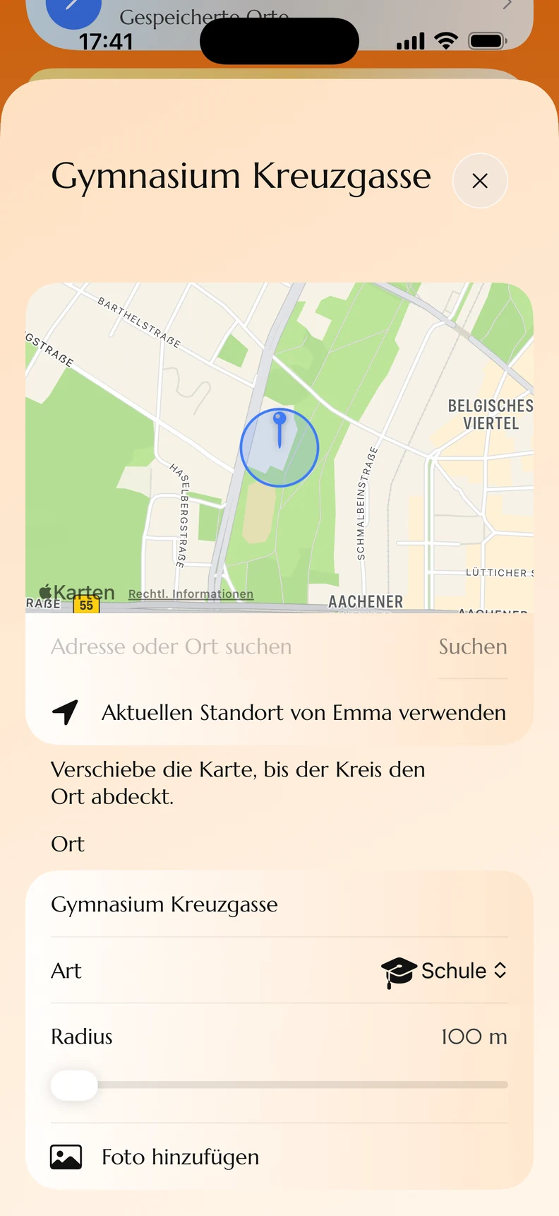 Original-Screenshot der Kydly-Demo: Geofence-Einrichtung mit geografischem Radius