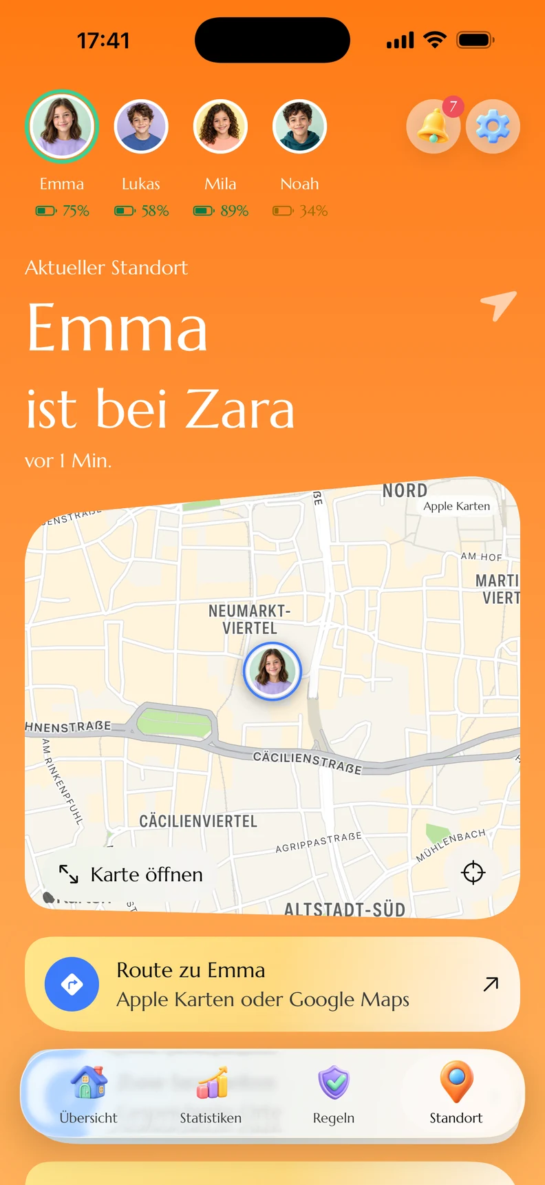 Original-Screenshot der Kydly-Demo: Standortkarte mit Emmas zuletzt verfügbarem Ort