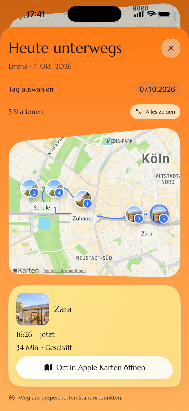 Original-Screenshot der Kydly-Demo: Tagesroute mit besuchten Orten