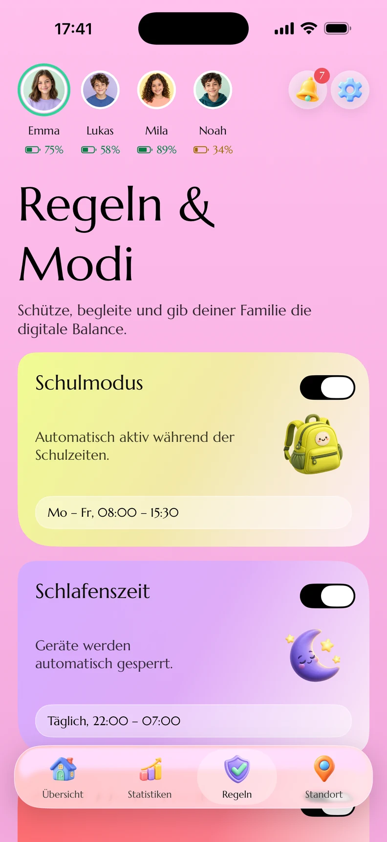 Original-Screenshot der Kydly-Demo: Regeln mit Schulmodus und Schlafenszeit