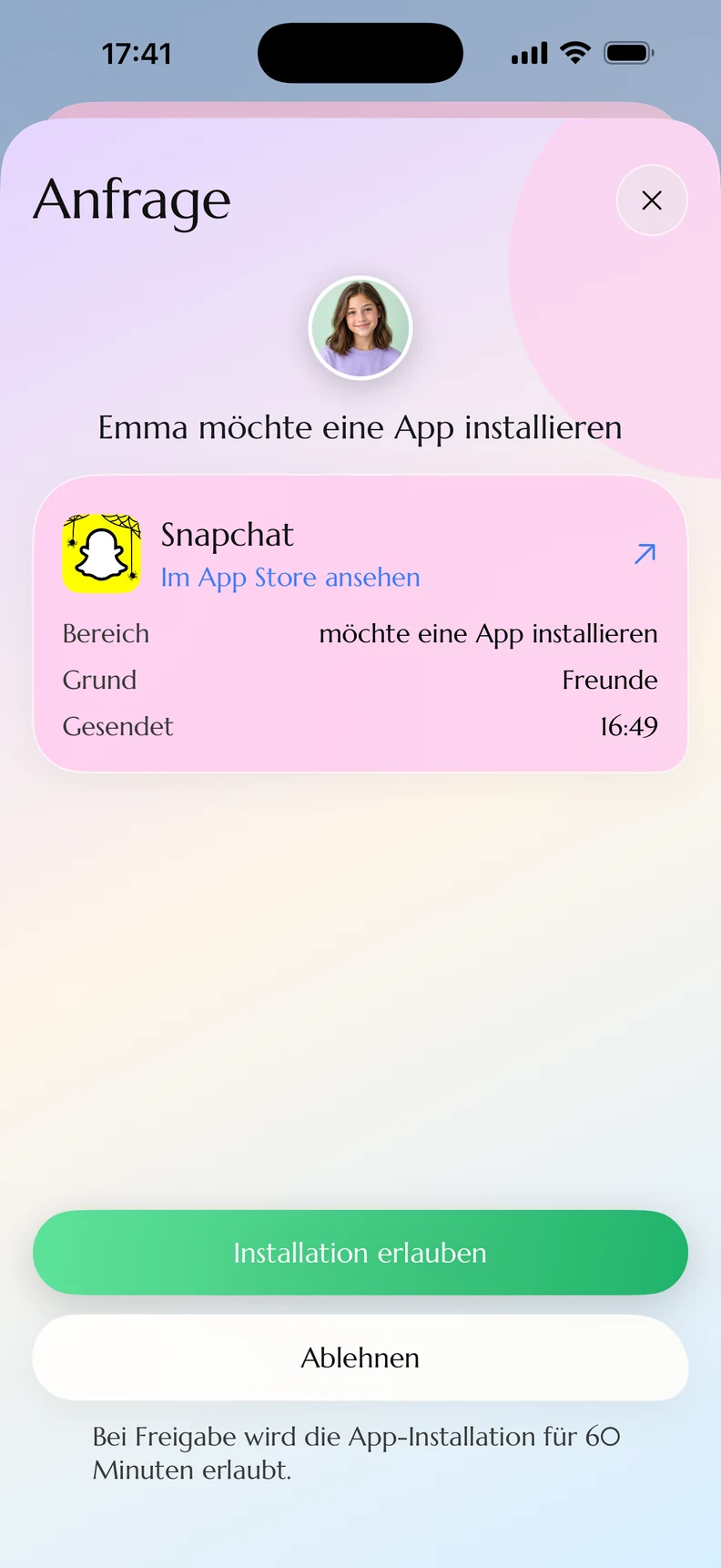 Original-Screenshot der Kydly-Demo: App-Anfrage für Snapchat mit Elternentscheidung