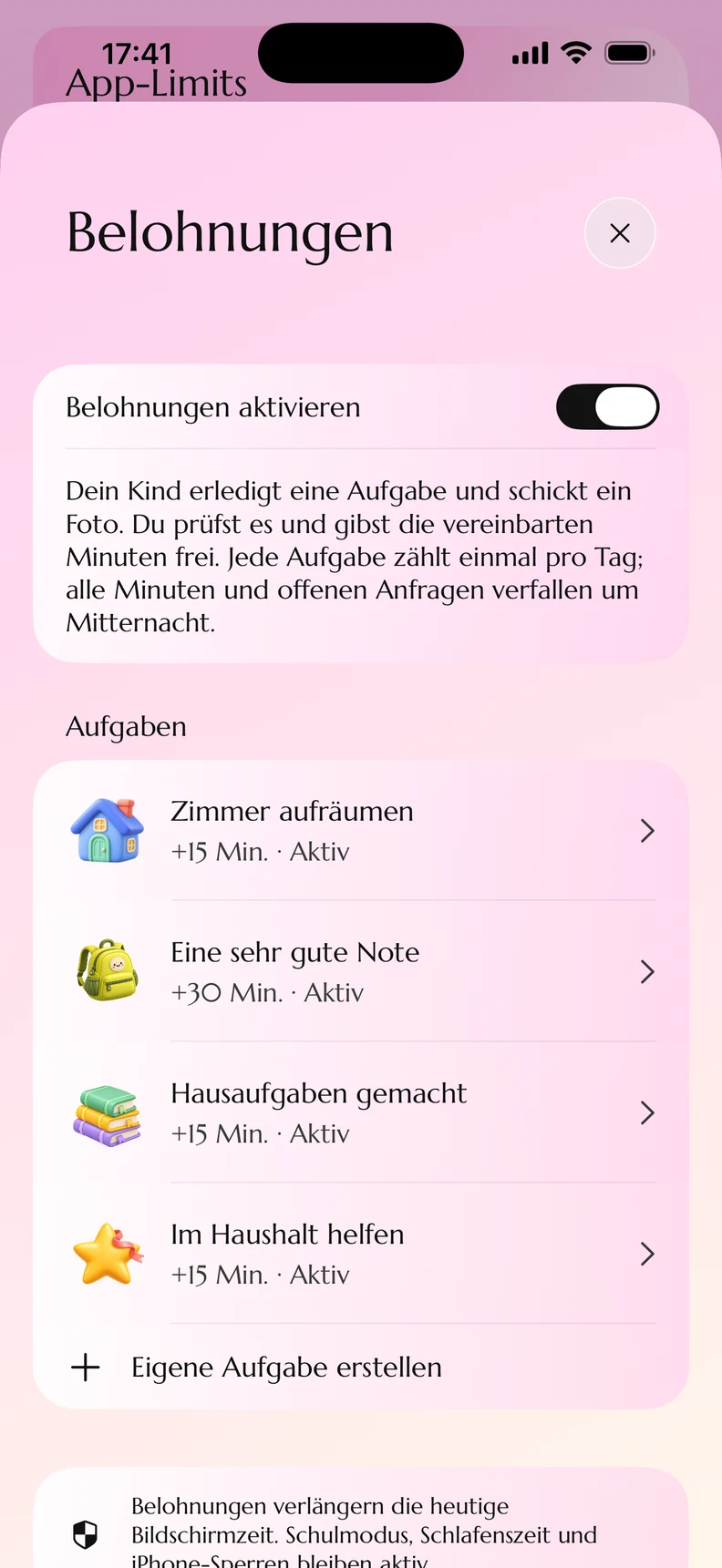 Original-Screenshot der Kydly-Demo: Belohnungen und Aufgaben mit Zeitbonus