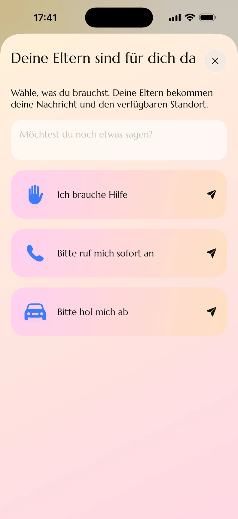Original-Screenshot der Kydly-Demo: Hilfenachrichten Ich brauche Hilfe, Bitte ruf mich sofort an und Bitte hol mich ab