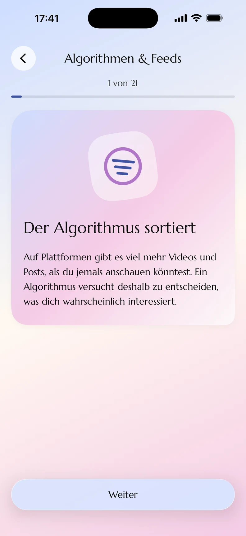 Echter Kydly-Wissensbereich: kindgerechte Erklärung, wie ein Algorithmus Videos und Posts sortiert
