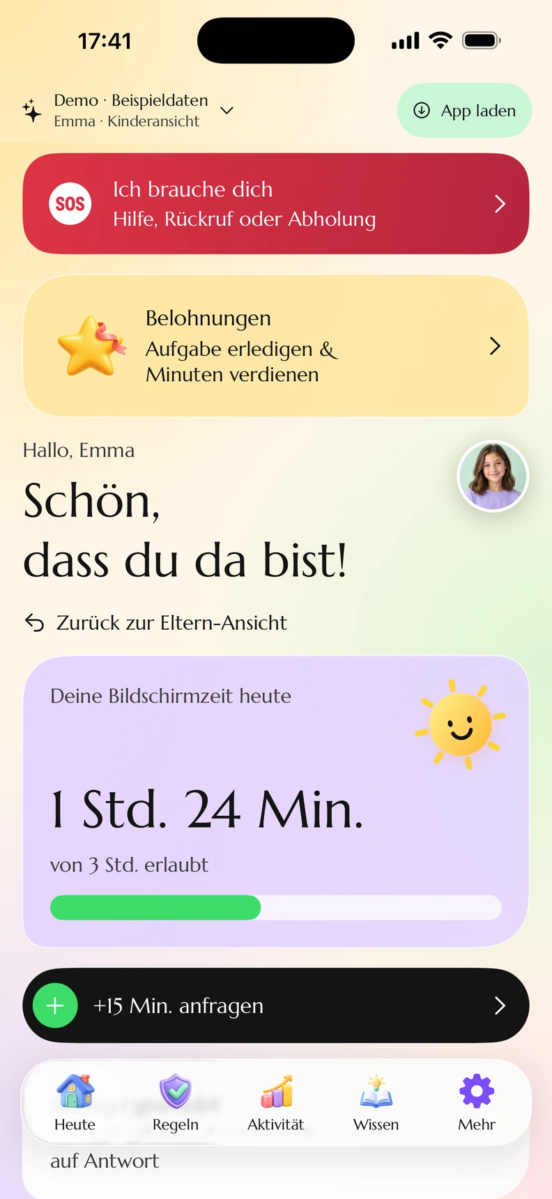 Echte Kydly-Appaufnahme: Emmas Kinderansicht mit Familienhilfe, Belohnungen, Bildschirmzeit und eigener Navigation